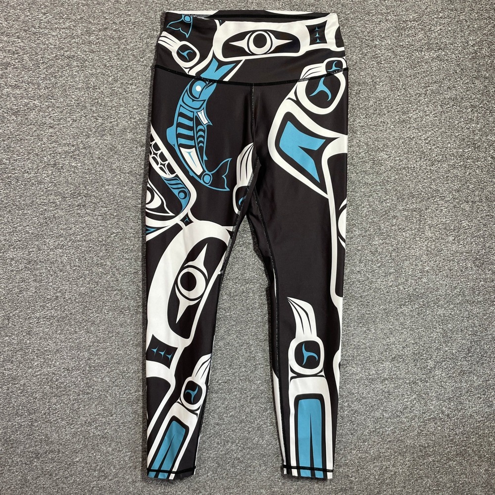 NoMiNou Shar Wilson Collection Leggings Small Indigenous Art Black Teal White